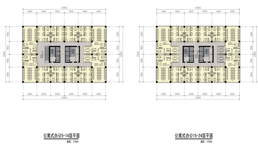 自由分割 面 积: 约1778m² 户型编号: 公寓式办公标准平面图 楼